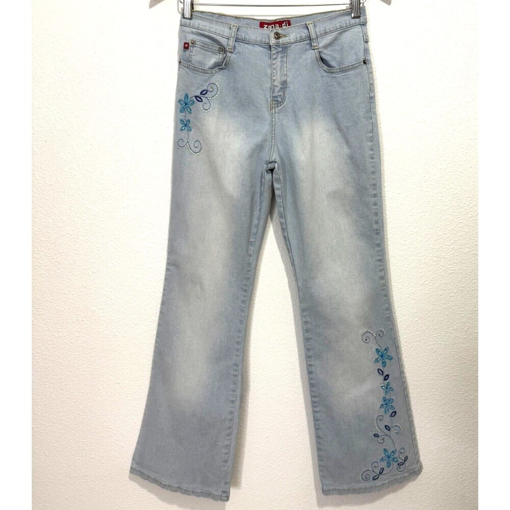 Vintage 90s Zana Di Jeans Flare Embroidered Flower Bell Bottoms Y2K Hippie Sz 16